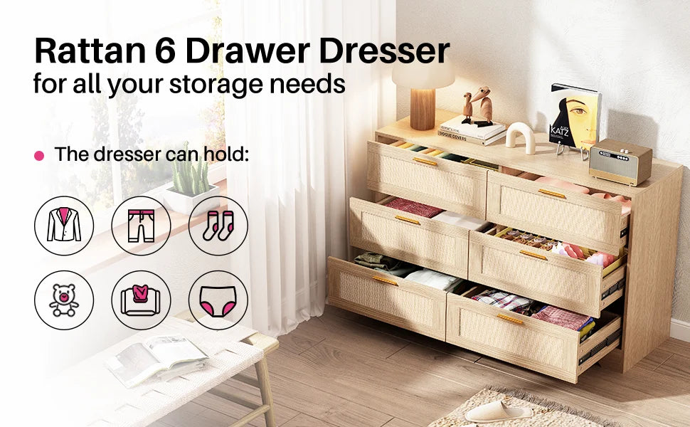 47.24" Rattan Dresser 6 Drawers Wood Storage Closet w/ Golden Handles