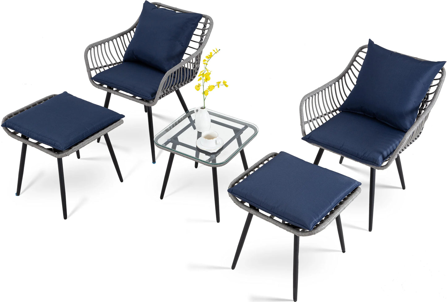 5 Piece Patio Furniture Set Wicker All-Weather PE Rattan Chairs with Ottoman & Coffee Ta