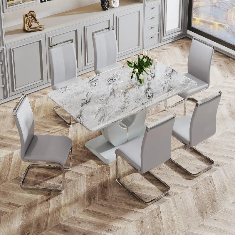Gray Dining Table Set - Faux Marble Top, PU Leather Chairs