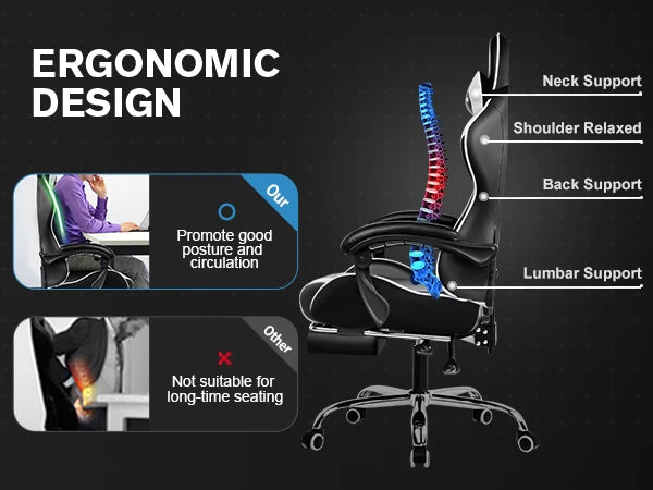 Gaming Chair with Footrest, Lumbar Support, Adjustable Height, Swivel Seat, Headrest for Office or Gaming