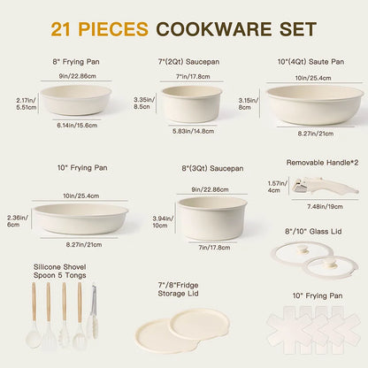 21 Piece Ceramic  Pots and Pans Non-Stick, Sensor Handles, Milky white