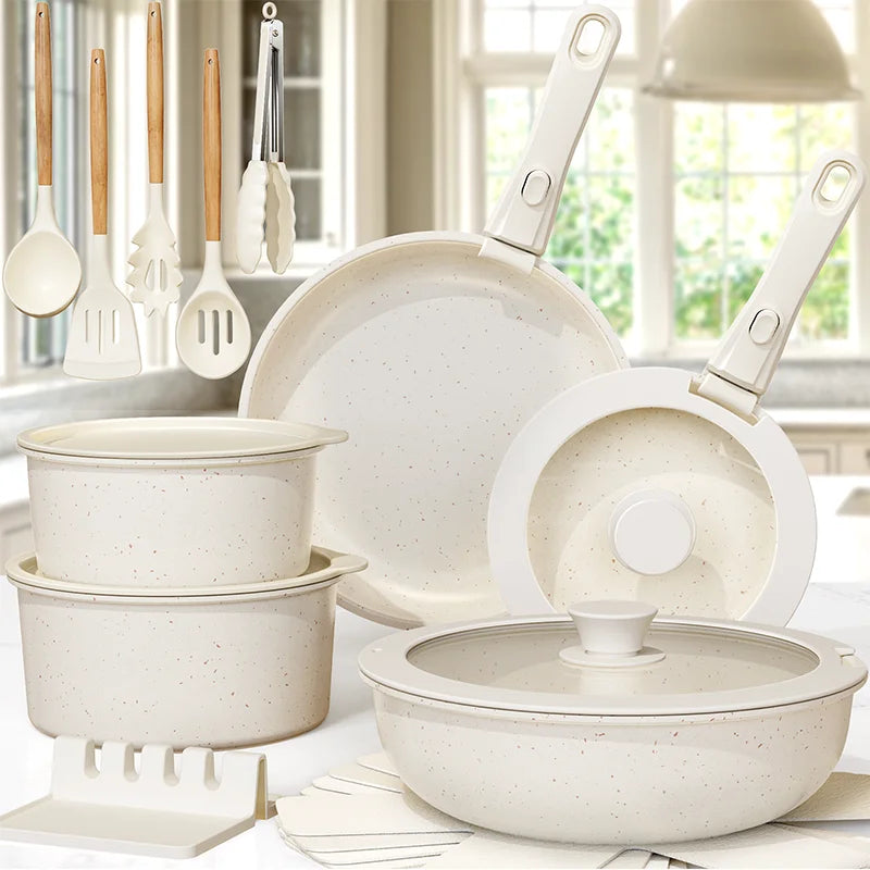 21 Piece Ceramic  Pots and Pans Non-Stick, Sensor Handles, Milky white