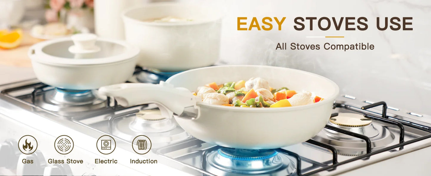 21 Piece Ceramic  Pots and Pans Non-Stick, Sensor Handles, Milky white