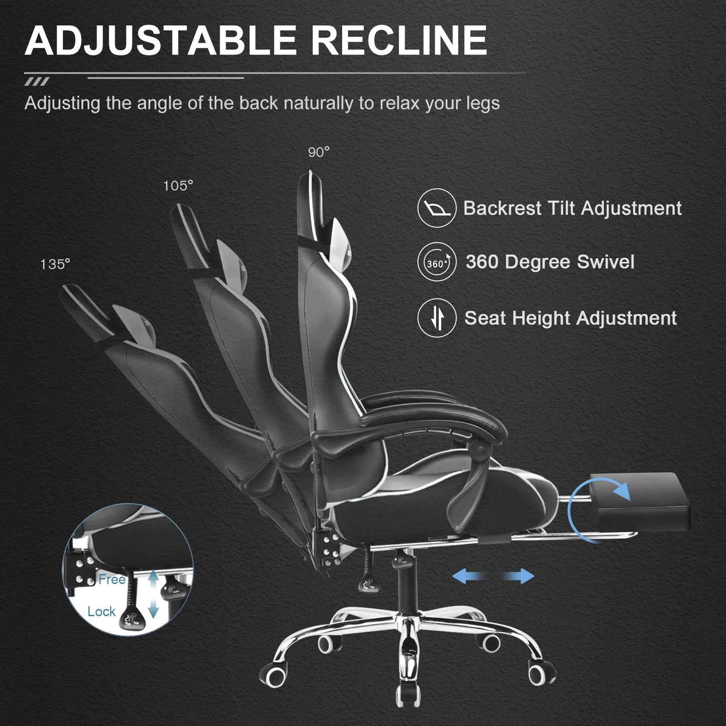 Gaming Chair with Footrest, Lumbar Support, Adjustable Height, Swivel Seat, Headrest for Office or Gaming