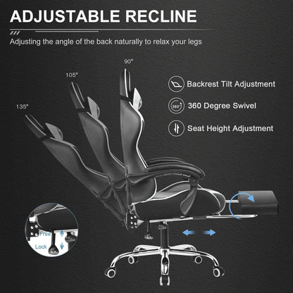 Gaming Chair with Footrest, Lumbar Support, Adjustable Height, Swivel Seat, Headrest for Office or Gaming