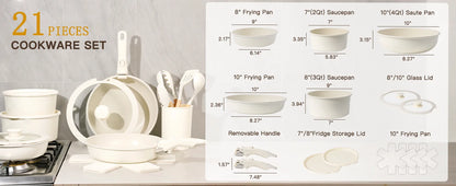 21 Piece Ceramic  Pots and Pans Non-Stick, Sensor Handles, Milky white