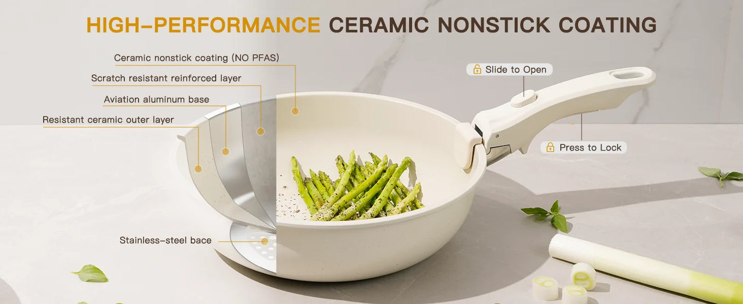 21 Piece Ceramic  Pots and Pans Non-Stick, Sensor Handles, Milky white