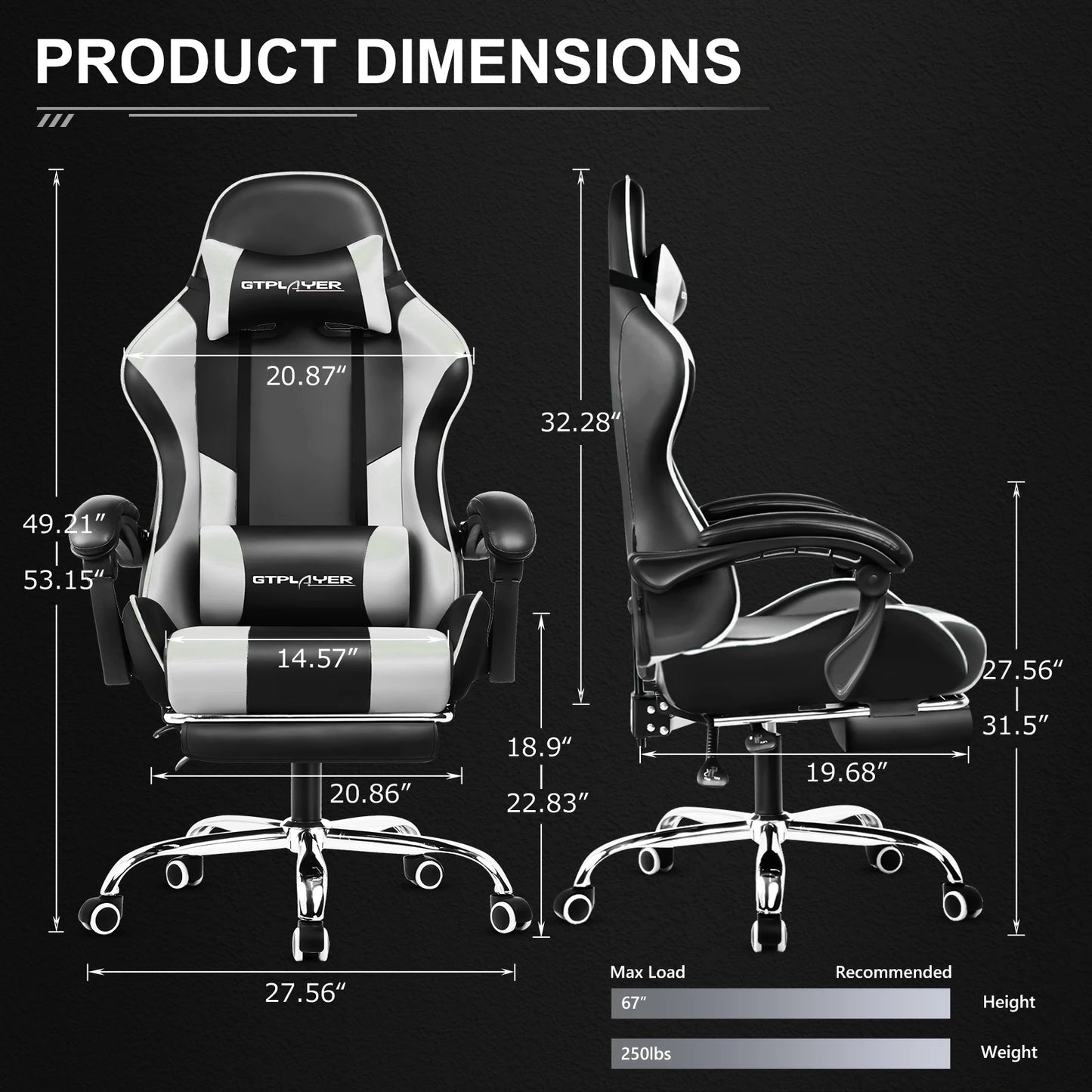 Gaming Chair with Footrest, Lumbar Support, Adjustable Height, Swivel Seat, Headrest for Office or Gaming