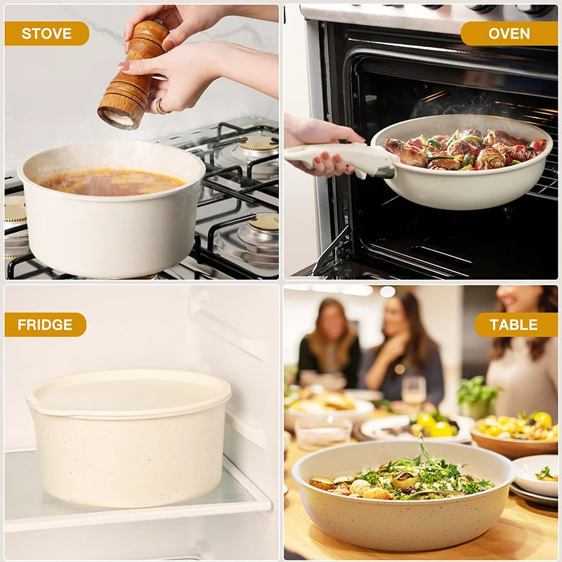 21 Piece Ceramic  Pots and Pans Non-Stick, Sensor Handles, Milky white