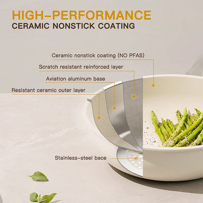 21 Piece Ceramic  Pots and Pans Non-Stick, Sensor Handles, Milky white