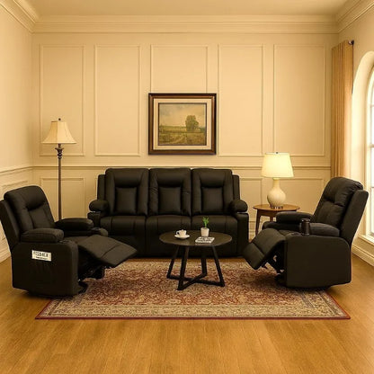 Leather Recliner Sofa Set with Manual Recliners, Loveseat and Armchair