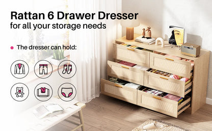 47.24" Rattan Dresser 6 Drawers Wood Storage Closet w/ Golden Handles