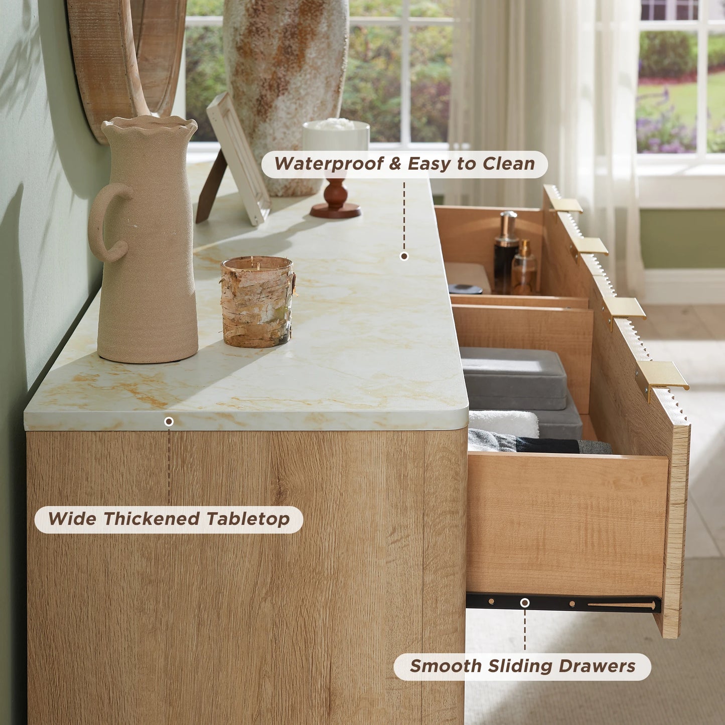 Fluted 6 Drawers Dresser, 54" Wide Modern Chest Faux Marble Top