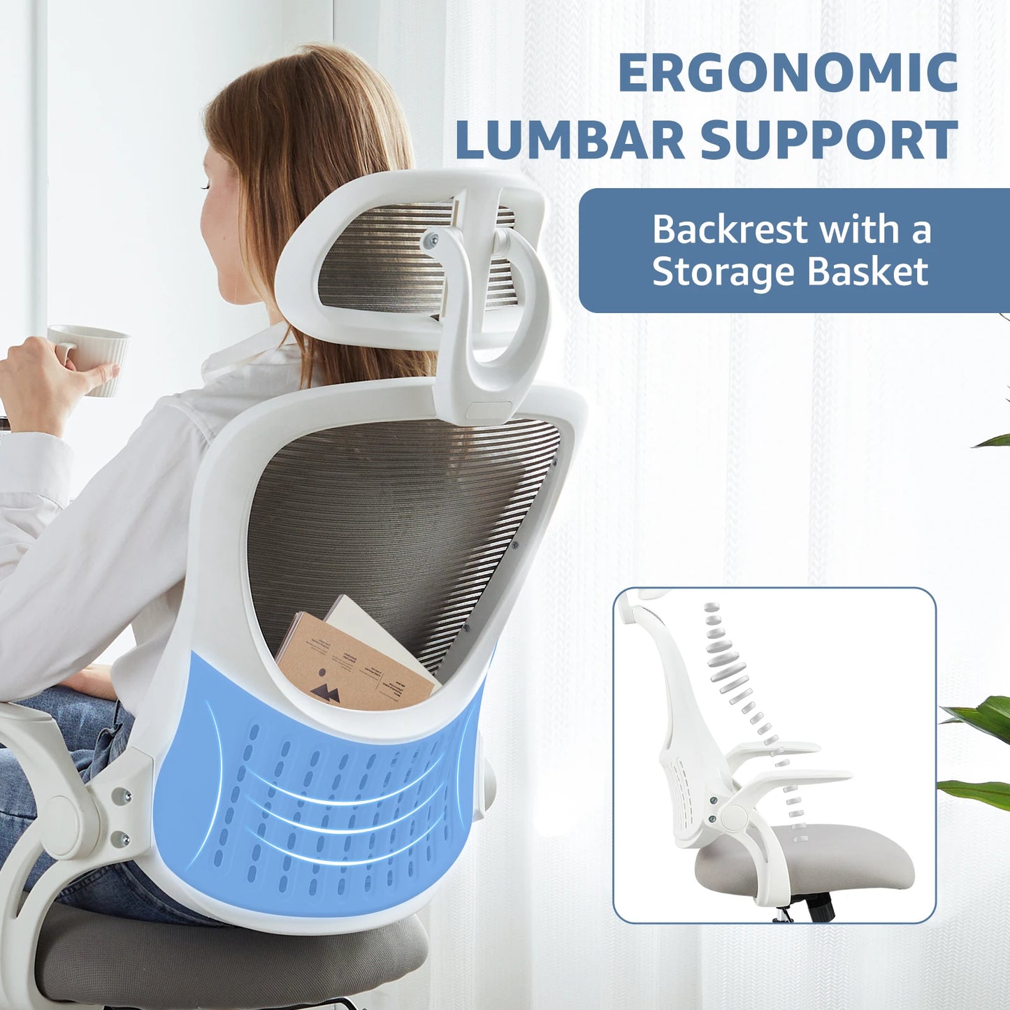 Mesh Ergonomic  Desk Chair Flip-up Arms Adjustable Headrests Comfortable Lumbar Support