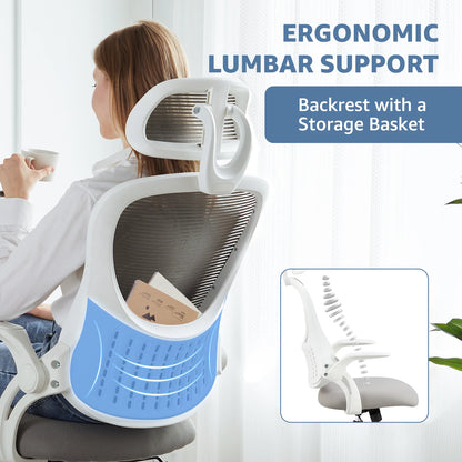 Mesh Ergonomic  Desk Chair Flip-up Arms Adjustable Headrests Comfortable Lumbar Support