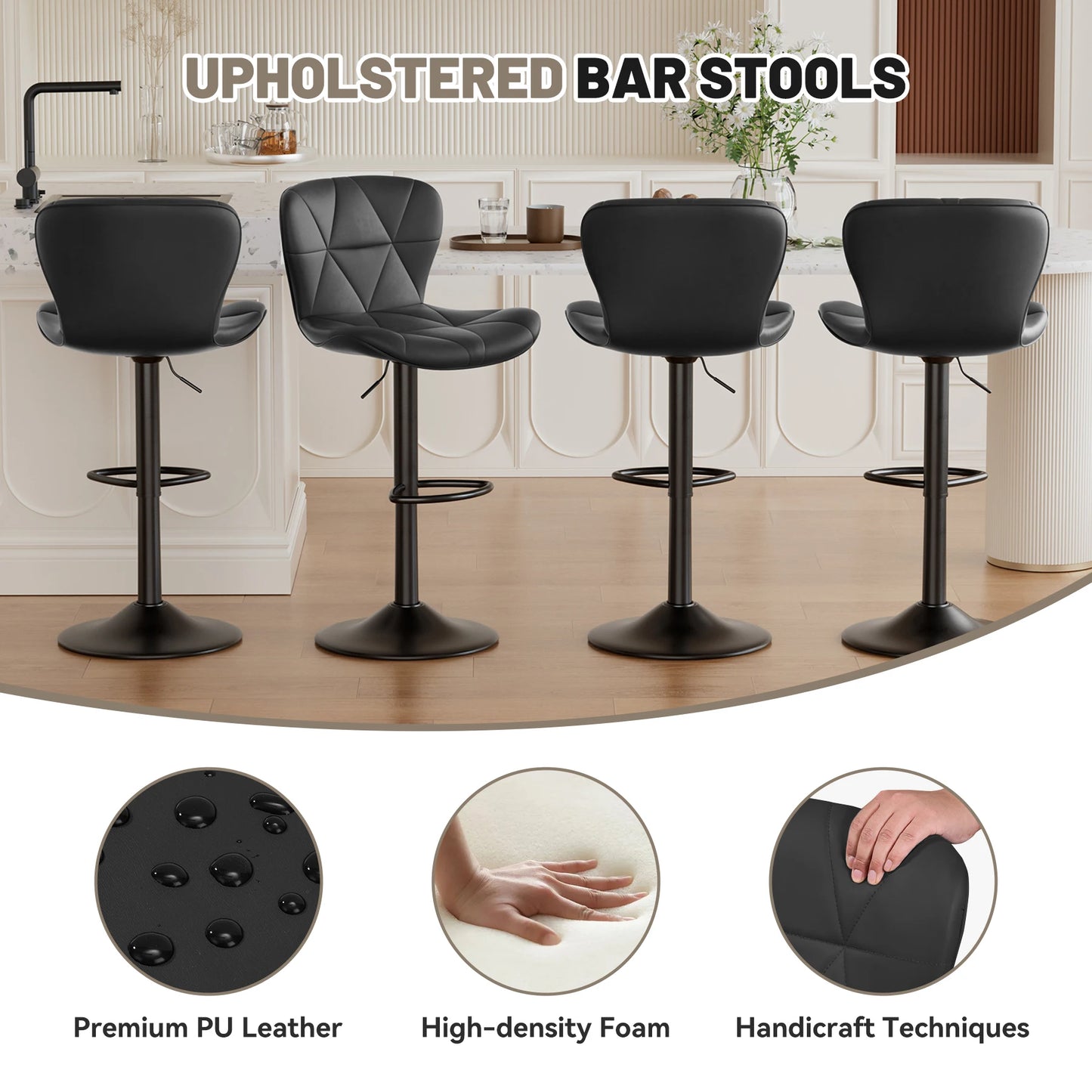 2 Pcs Bar Chair, 360 ° Rotation Adjustable Height, Faux Leather Upholstered with Backrest