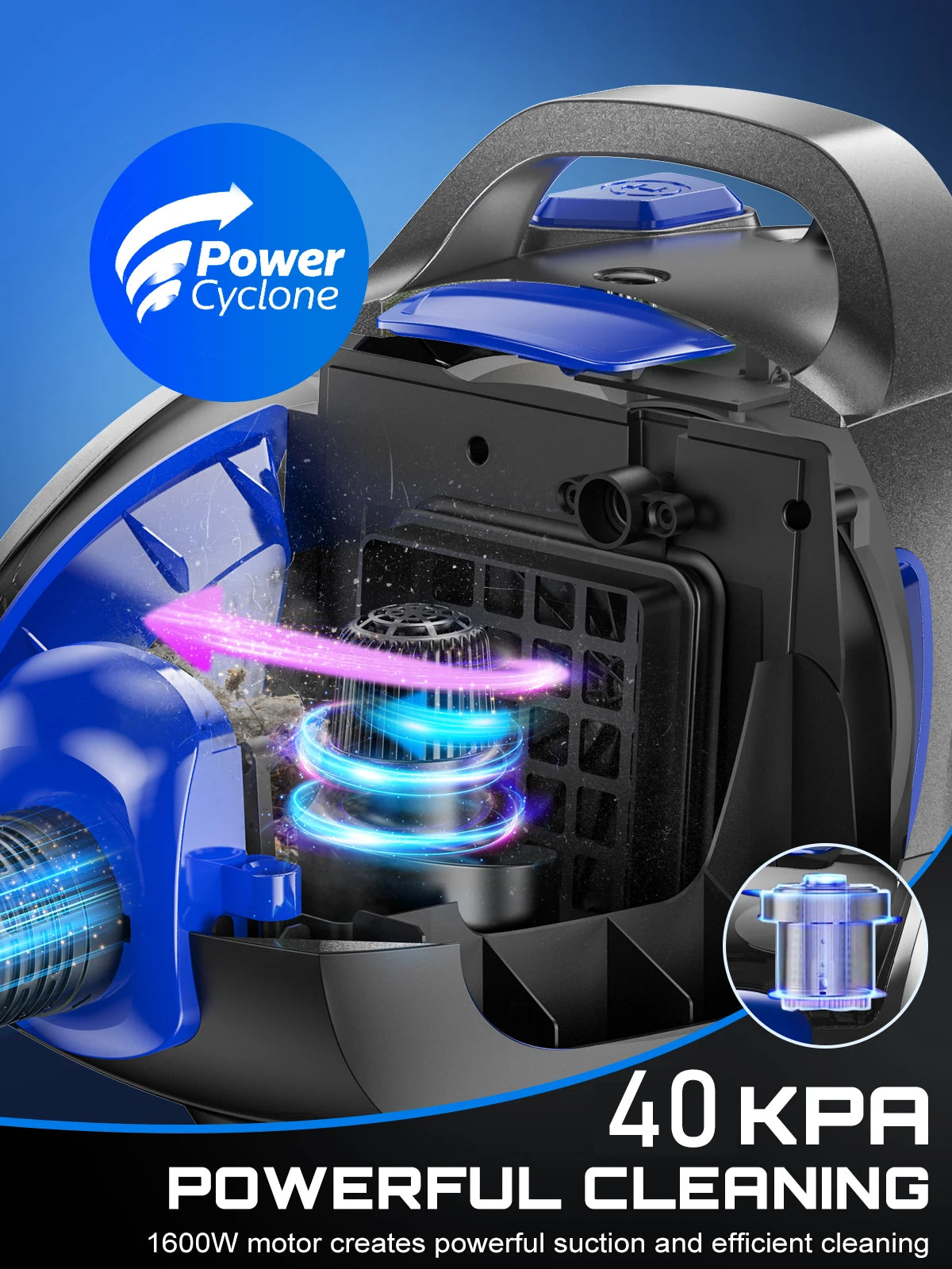 Canister Vacuum Cleaner, 1600W Powerful for Hard Floors, Carpets, Pet Hair