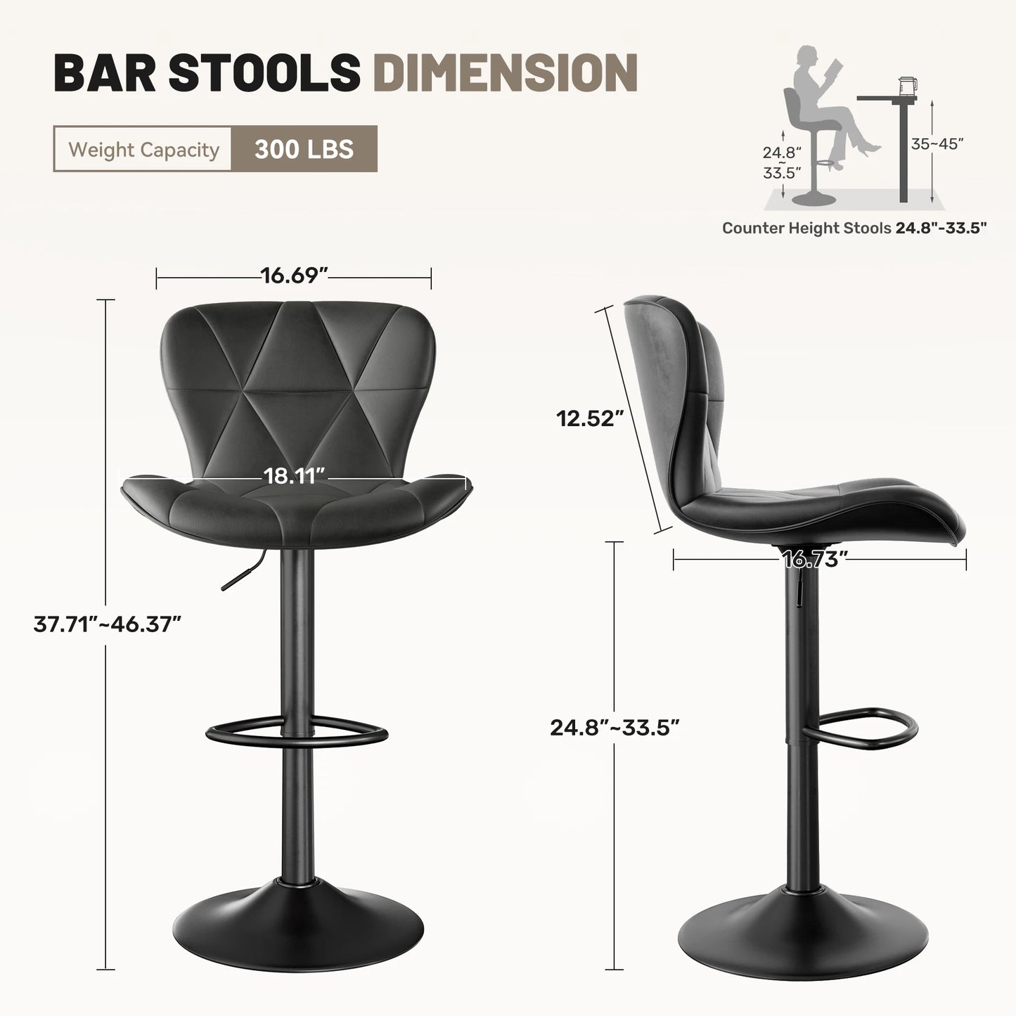 2 Pcs Bar Chair, 360 ° Rotation Adjustable Height, Faux Leather Upholstered with Backrest