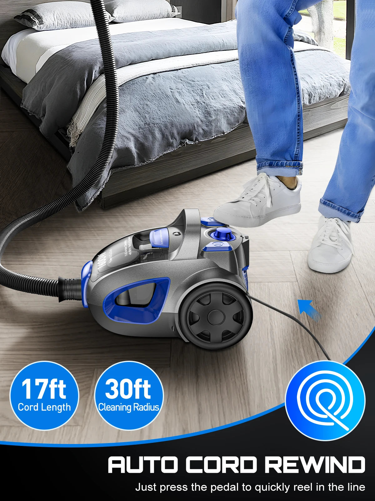 Canister Vacuum Cleaner, 1600W Powerful for Hard Floors, Carpets, Pet Hair