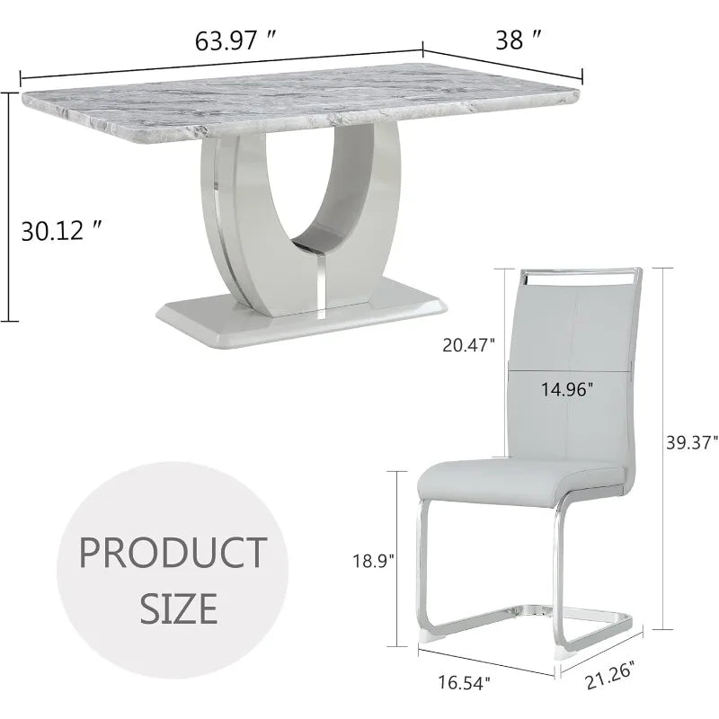 Gray Dining Table Set - Faux Marble Top, PU Leather Chairs