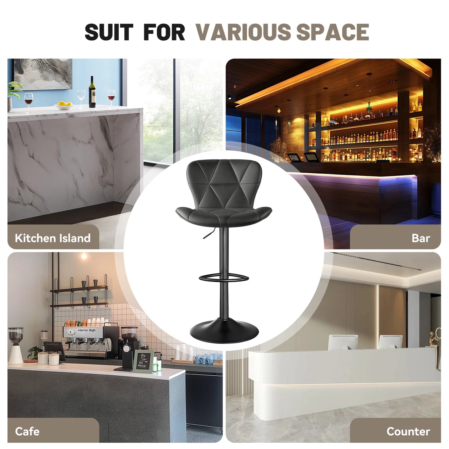 2 Pcs Bar Chair, 360 ° Rotation Adjustable Height, Faux Leather Upholstered with Backrest