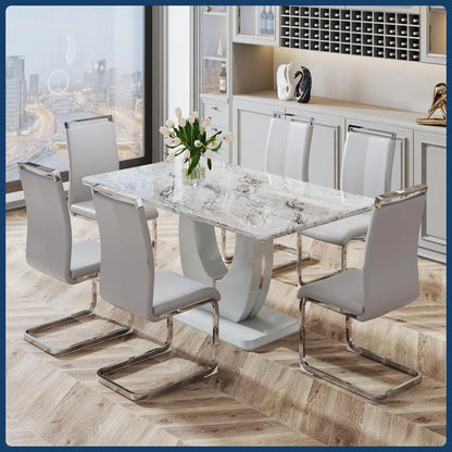 Gray Dining Table Set - Faux Marble Top, PU Leather Chairs