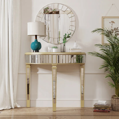 Modern Halfmoon Mirrored Console Table Silver Finish