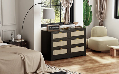 47.24" Rattan Dresser 6 Drawers Wood Storage Closet w/ Golden Handles