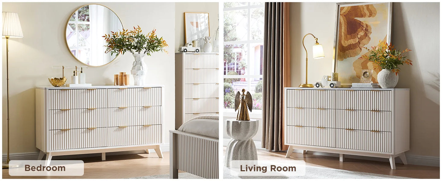 Fluted 6 Drawers Dresser, 54" Wide Modern Chest Faux Marble Top