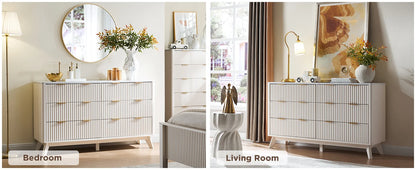 Fluted 6 Drawers Dresser, 54" Wide Modern Chest Faux Marble Top