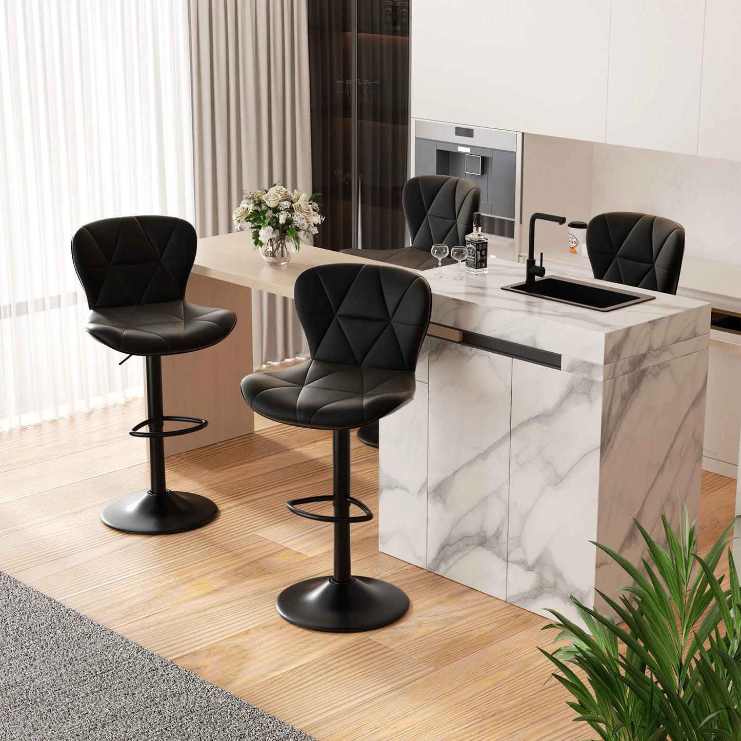 2 Pcs Bar Chair, 360 ° Rotation Adjustable Height, Faux Leather Upholstered with Backrest