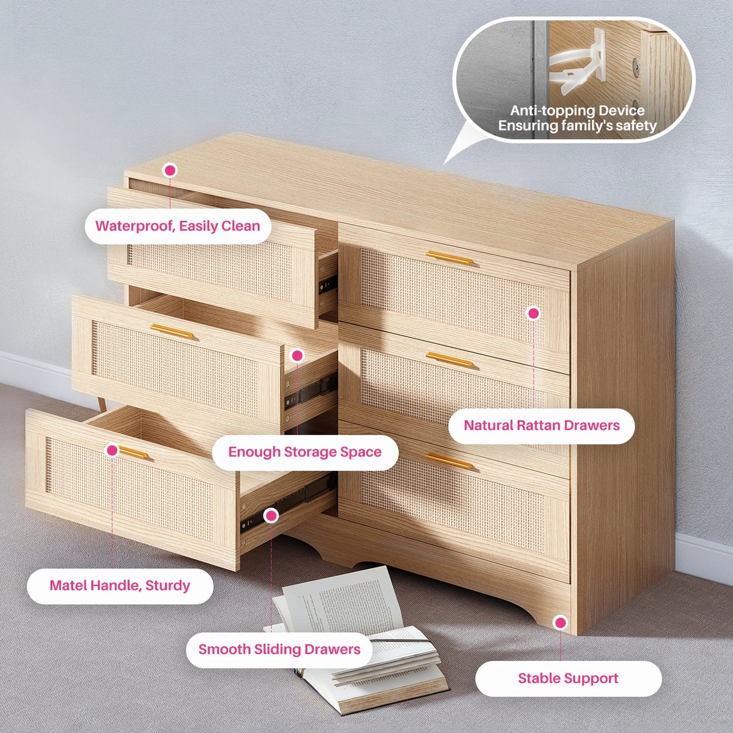 47.24" Rattan Dresser 6 Drawers Wood Storage Closet w/ Golden Handles