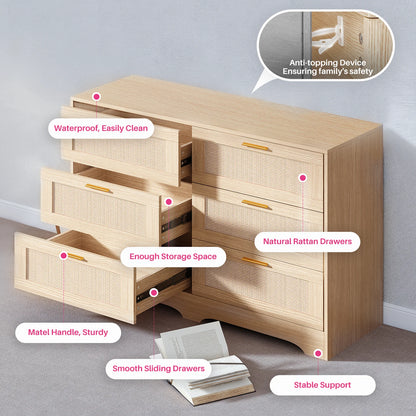 47.24" Rattan Dresser 6 Drawers Wood Storage Closet w/ Golden Handles