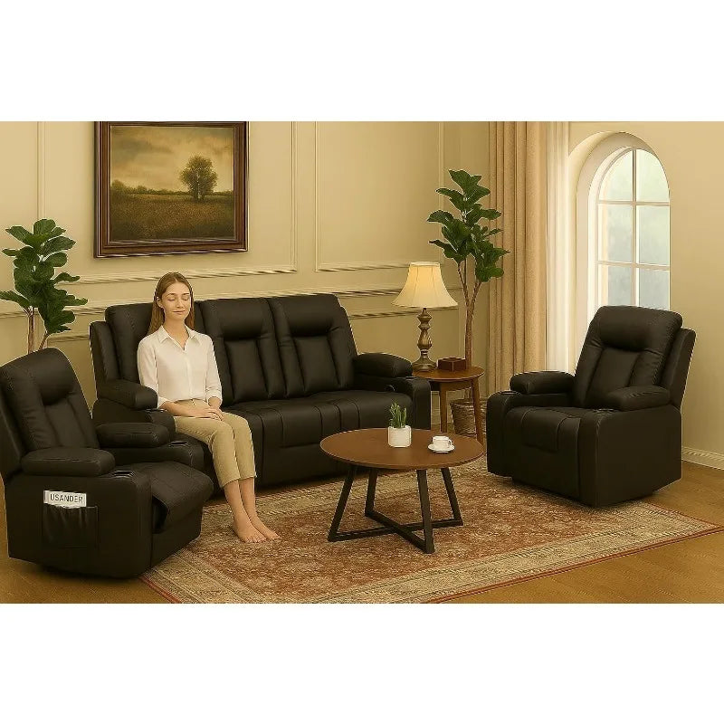 Leather Recliner Sofa Set with Manual Recliners, Loveseat and Armchair