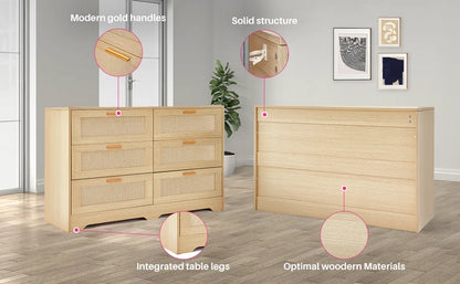 47.24" Rattan Dresser 6 Drawers Wood Storage Closet w/ Golden Handles