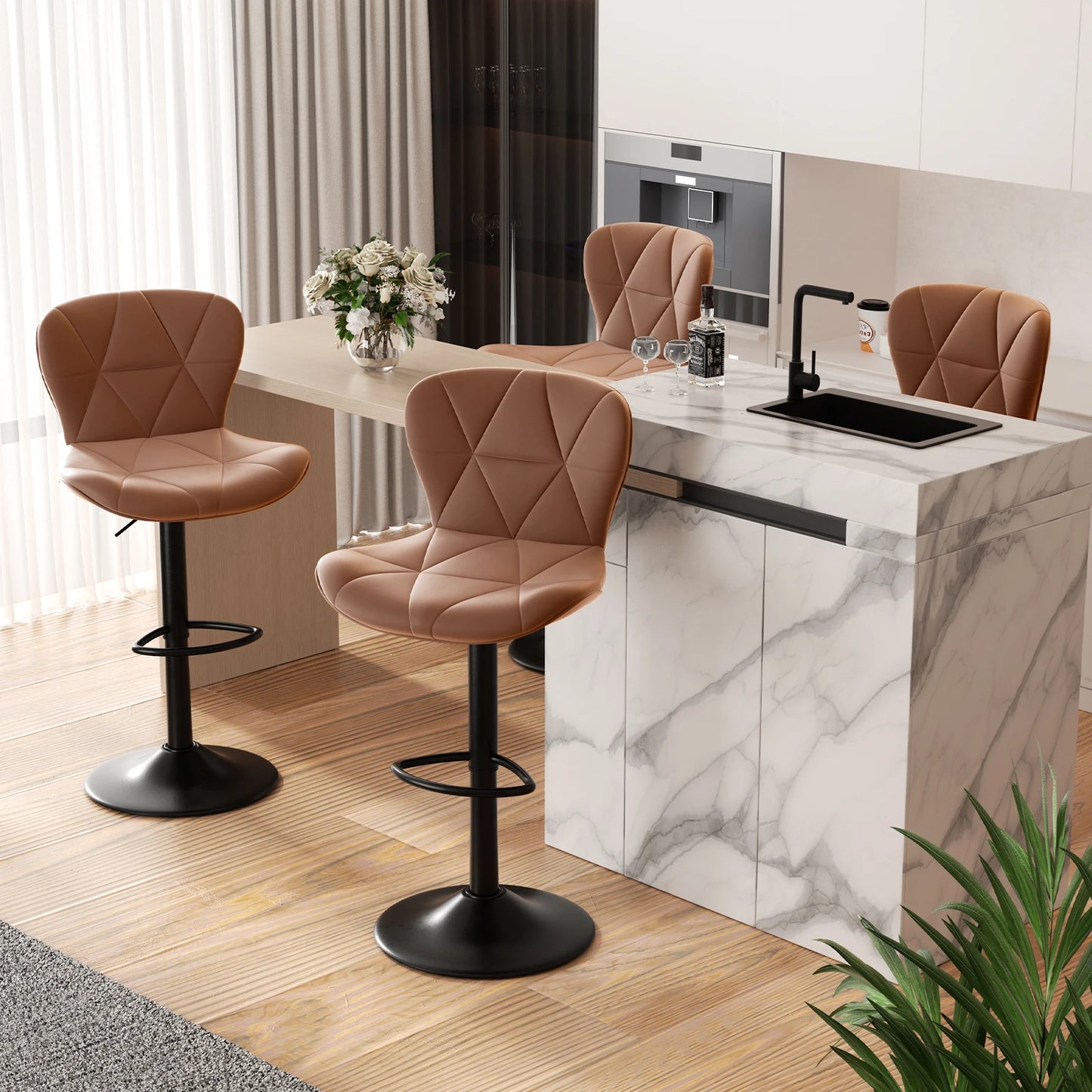 2 Pcs Bar Chair, 360 ° Rotation Adjustable Height, Faux Leather Upholstered with Backrest