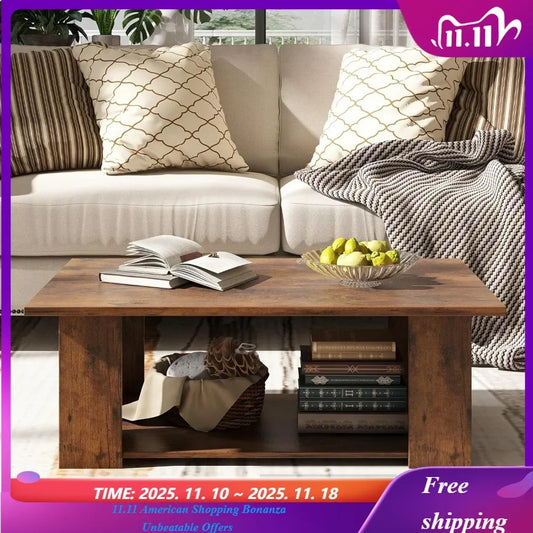 2-Tier Coffee Table, Modern Rectangular Center Cocktail Table with 5 Support Legs, Wooden Accent Living Room Furniture