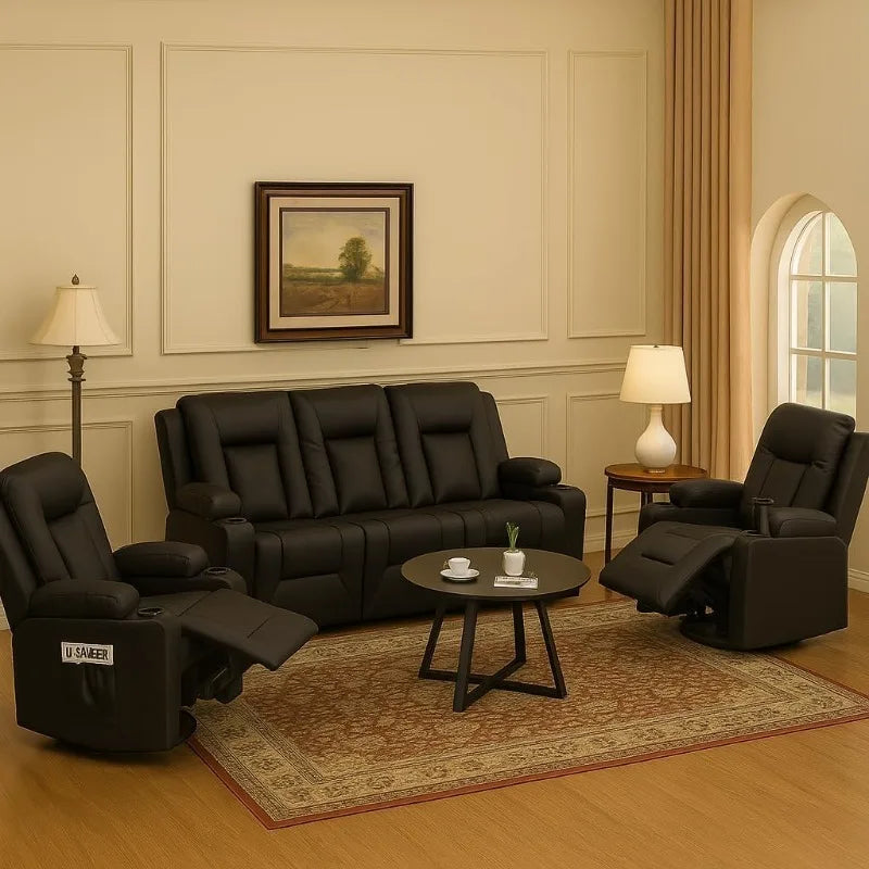 Leather Recliner Sofa Set with Manual Recliners, Loveseat and Armchair