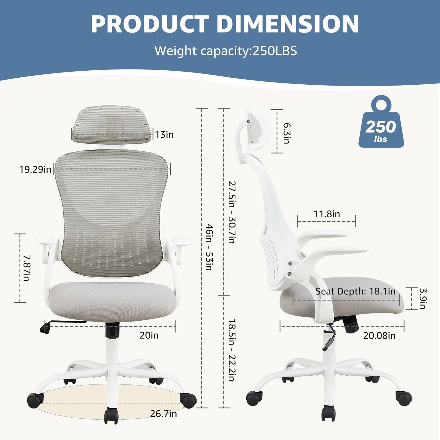 Mesh Ergonomic  Desk Chair Flip-up Arms Adjustable Headrests Comfortable Lumbar Support