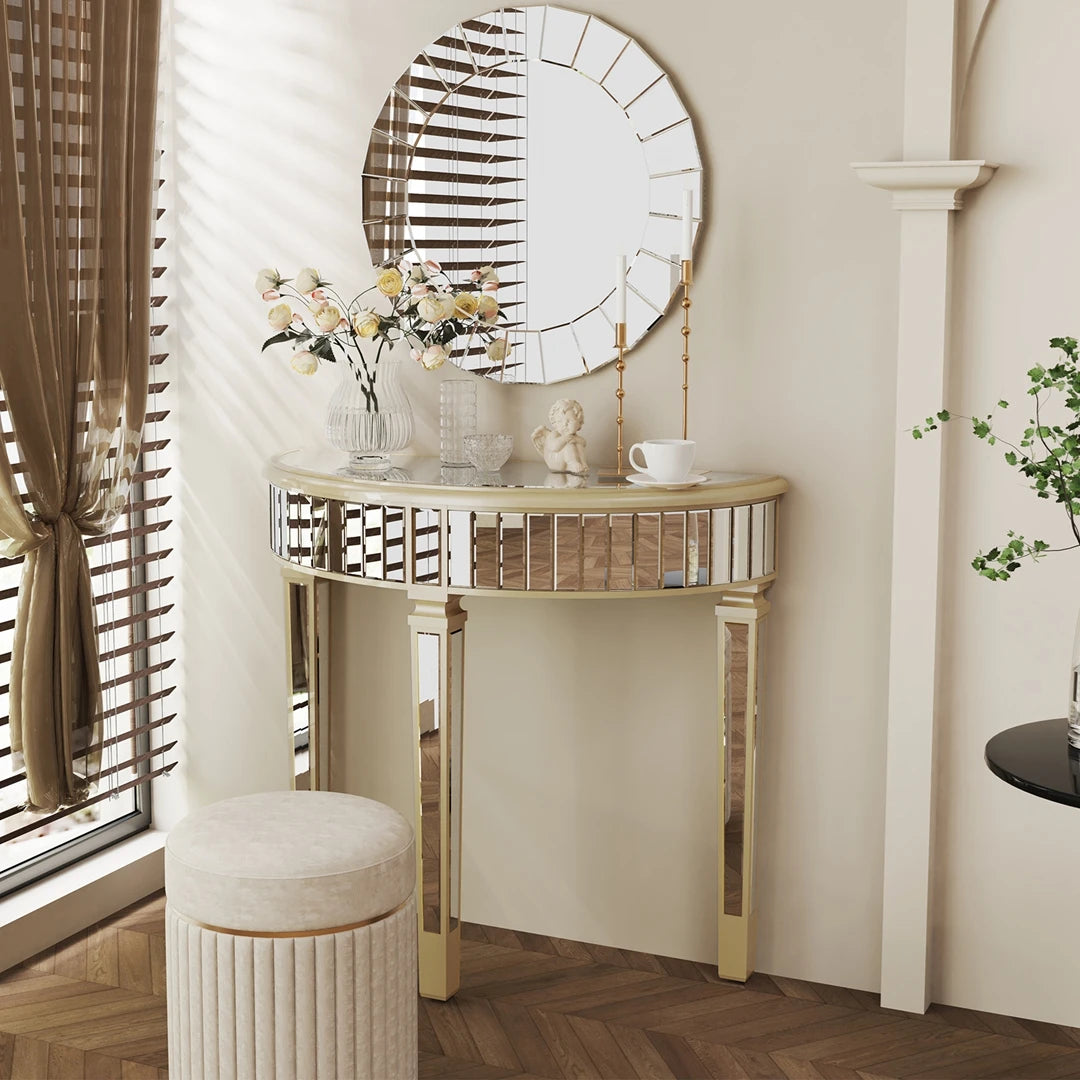 Modern Halfmoon Mirrored Console Table Silver Finish