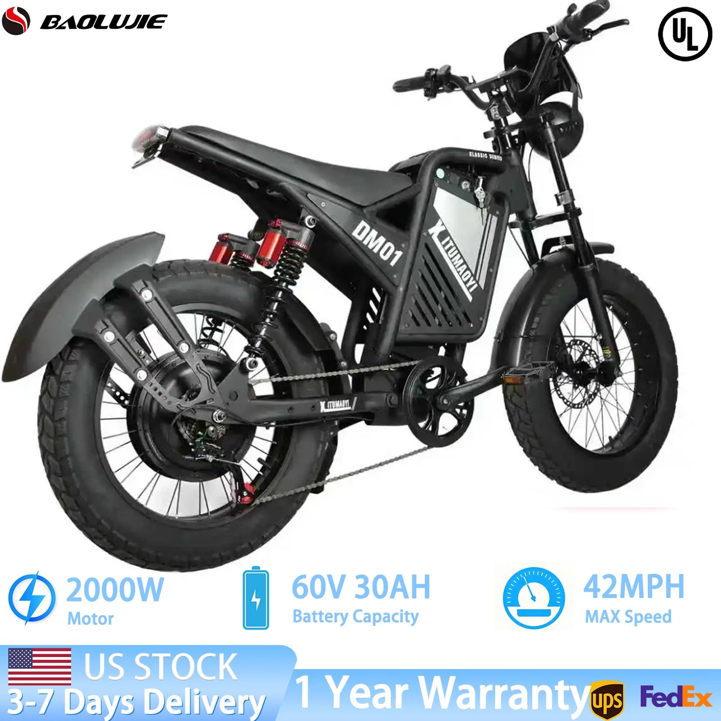 Electric Bicycle 60V 30AH Battery Max Speed 42 MPH E-Bike