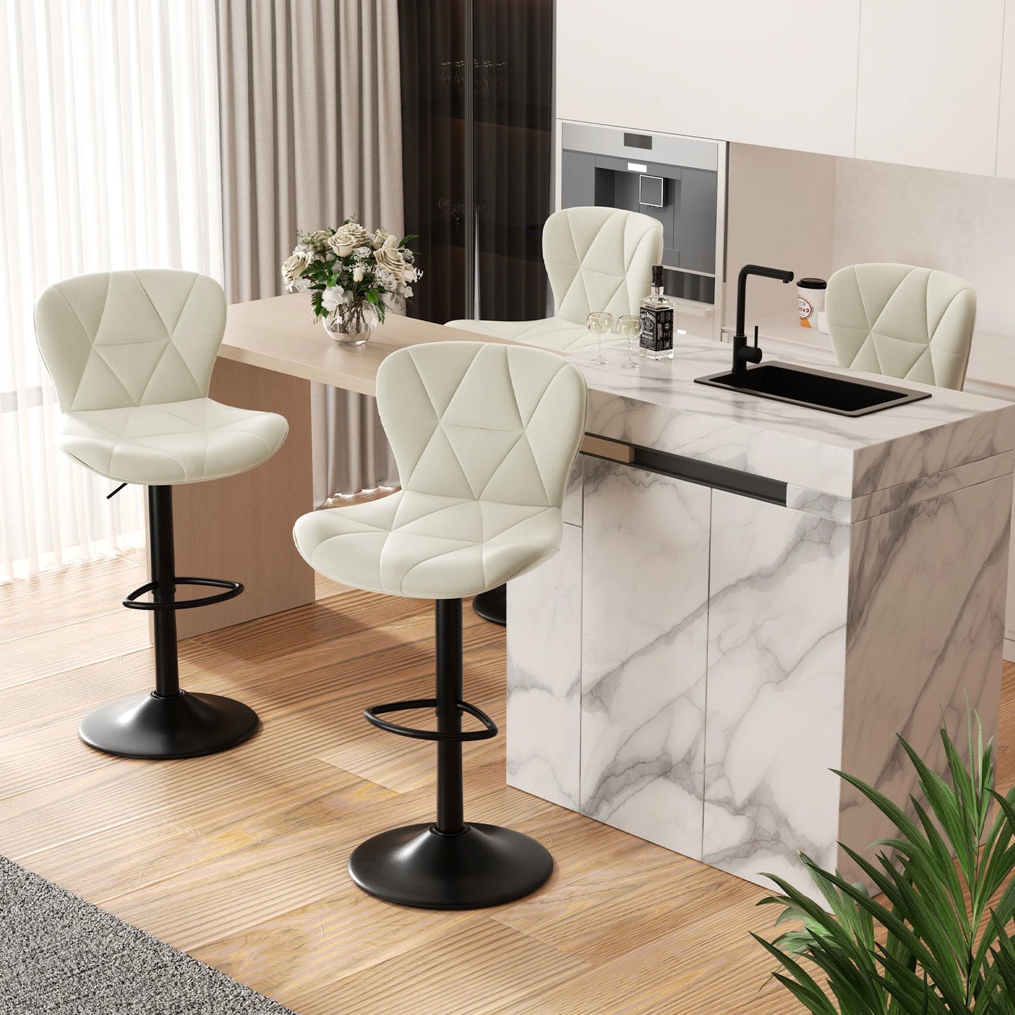 2 Pcs Bar Chair, 360 ° Rotation Adjustable Height, Faux Leather Upholstered with Backrest