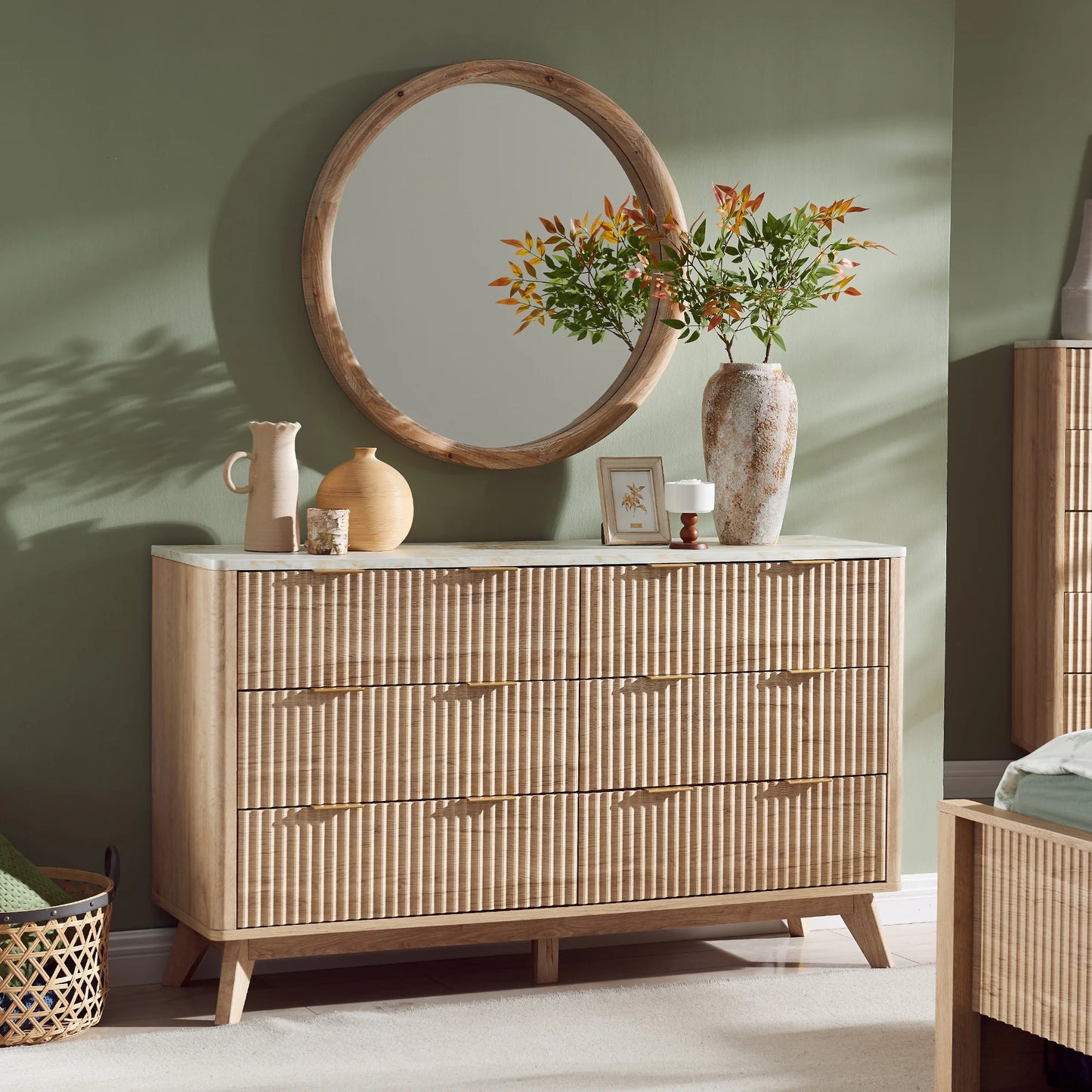 Fluted 6 Drawers Dresser, 54" Wide Modern Chest Faux Marble Top