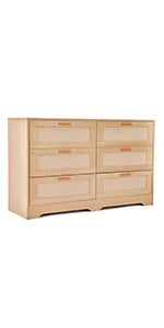 47.24" Rattan Dresser 6 Drawers Wood Storage Closet w/ Golden Handles