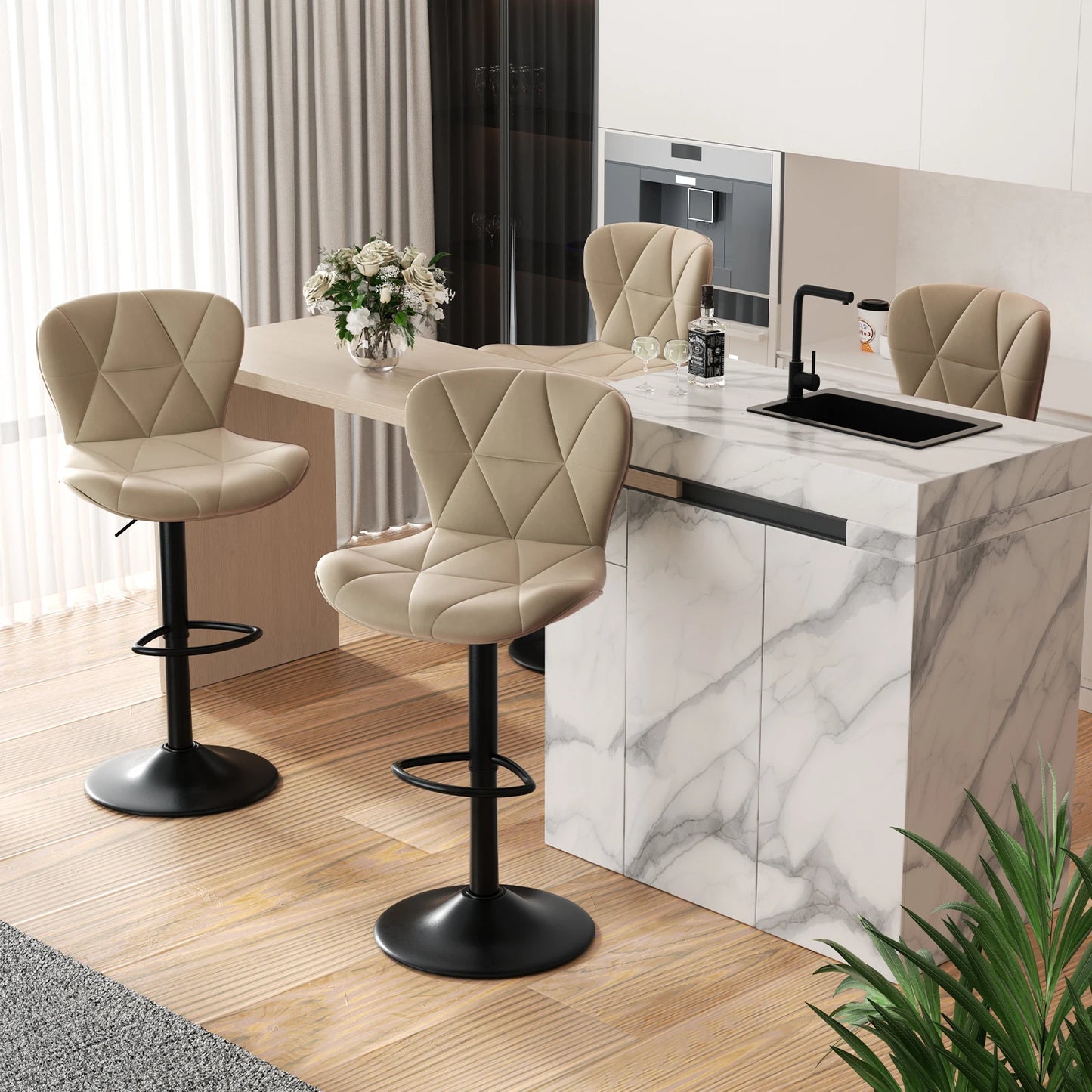 2 Pcs Bar Chair, 360 ° Rotation Adjustable Height, Faux Leather Upholstered with Backrest