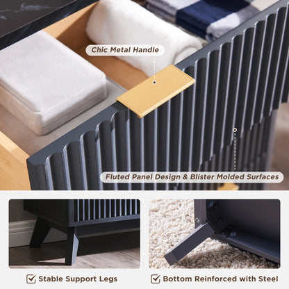 Fluted 6 Drawers Dresser, 54" Wide Modern Chest Faux Marble Top