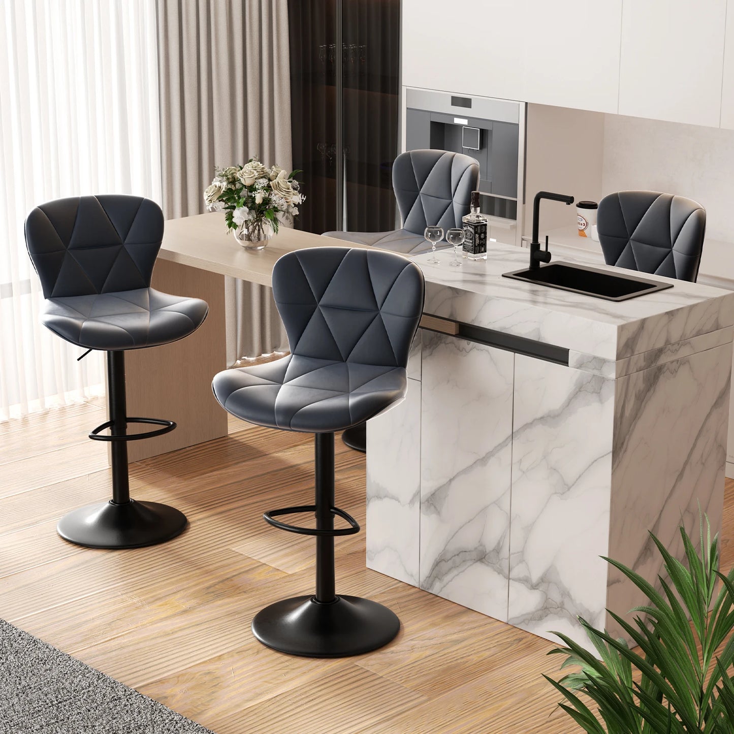2 Pcs Bar Chair, 360 ° Rotation Adjustable Height, Faux Leather Upholstered with Backrest