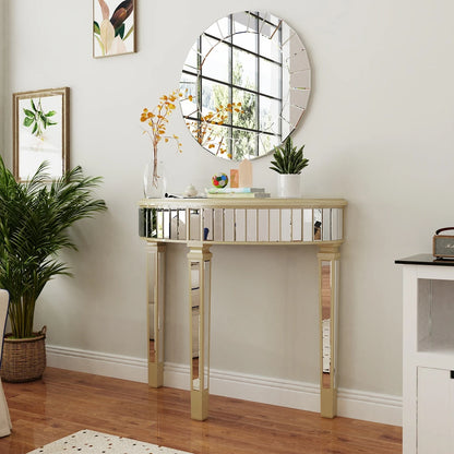 Modern Halfmoon Mirrored Console Table Silver Finish