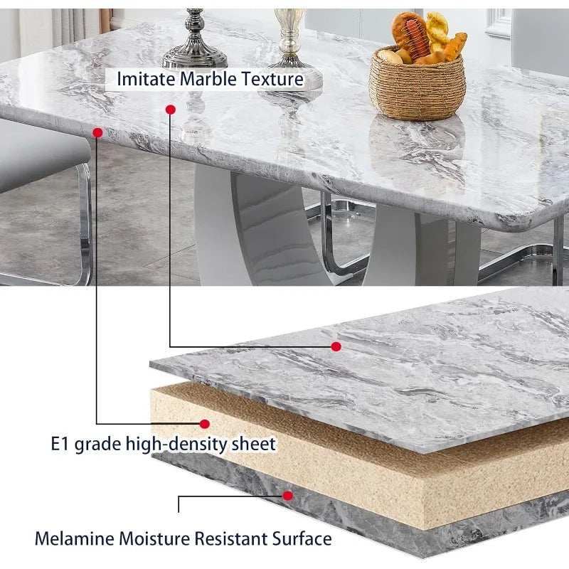Gray Dining Table Set - Faux Marble Top, PU Leather Chairs