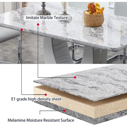 Gray Dining Table Set - Faux Marble Top, PU Leather Chairs